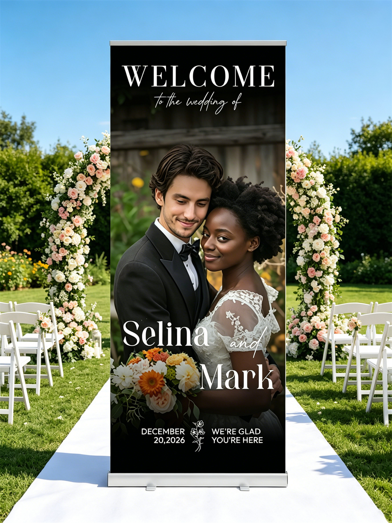 Customized wedding retractable banners - personalized photo wedding welcome signs, reception decorations and background curtains